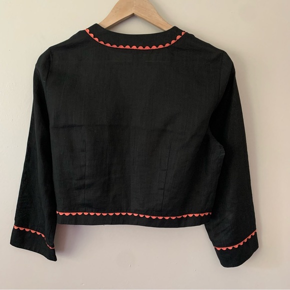 Peter Martin Black Linen Embroidered Floral Boho Short Open Jacket SZ 10 Cottage - Picture 7 of 13